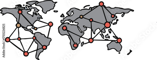 World map showing interconnected nodes across continents, representing global network connections and data flow, symbolizing international collaboration and communication.