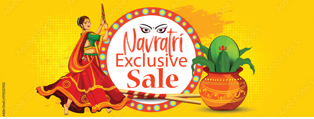 Fototapeta premium Navratri Festival Greeting Poster With Durga Arms, Couple Playing Garba and Dandiya in Navratri Celebration