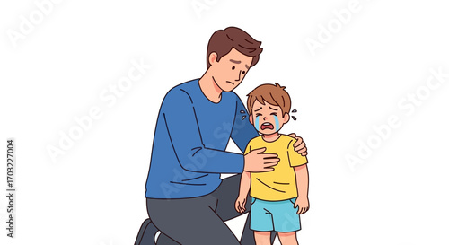 Father comforts crying child with hand on shoulder.