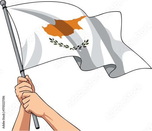 Vibrant illustration depicting hands holding and waving the national flag of Cyprus, a powerful symbol of independence, sovereignty, and cultural pride for the island nation