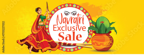 Navratri Festival Greeting Poster With Durga Arms, Couple Playing Garba and Dandiya in Navratri Celebration