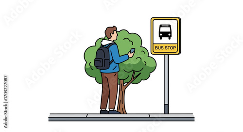 Young Man Waiting for Bus at Stop.