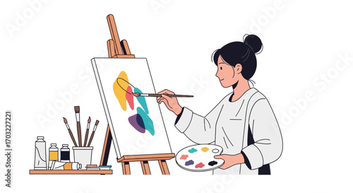 Woman Artist Painting on Canvas.
