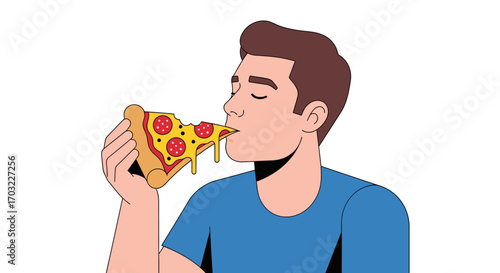 Young man enjoying a delicious slice of pepperoni pizza.
