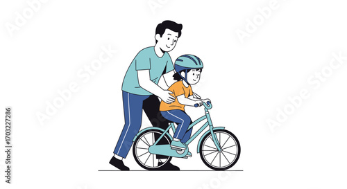 Father teaching child to ride bicycle for the first time.