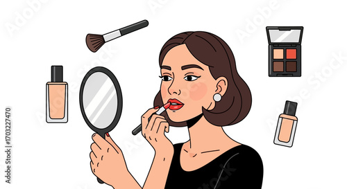 Woman Applying Makeup in Front of Mirror.