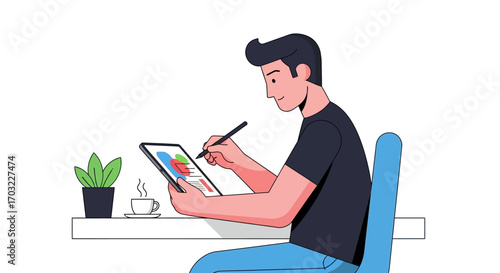 Man Focused on Digital Painting on Tablet.