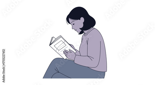 Woman Reading a Book, Focused and Concentrated.