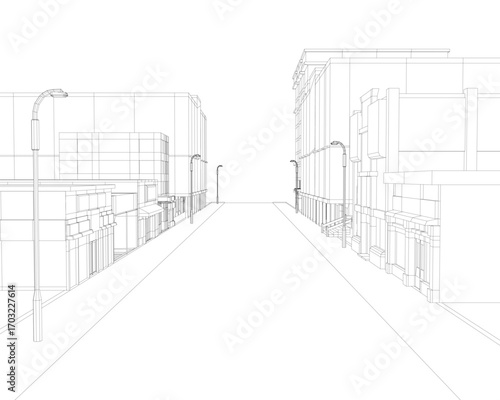 Black and white wireframe drawing of a city street with buildings and street poles on a clean white background.