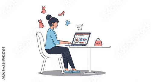 Woman Shopping Online Focused on Laptop.