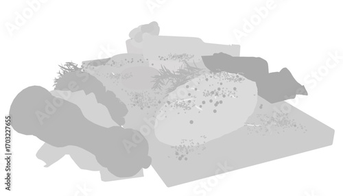 A pile of black food silhouettes arranged in a disorganized manner on a white background with rough texture and high contrast.