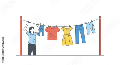 Woman Hanging Clothes on a Clothesline Outdoors.
