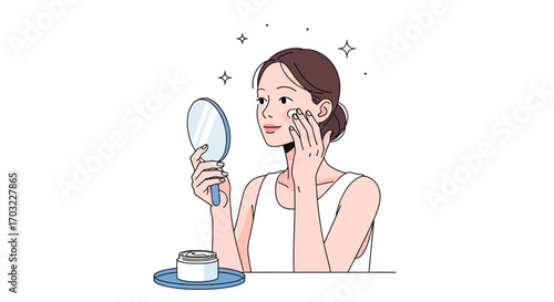 Woman applying cream on face looking in mirror.