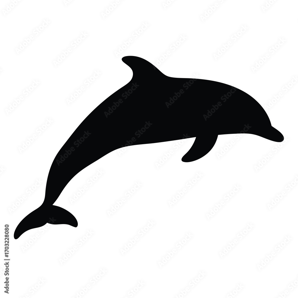 Fototapeta premium Black silhouette of a dolphin leaping, isolated on a white background design