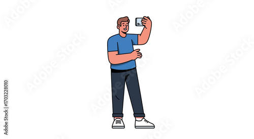Young man recording video with smartphone for social media content.