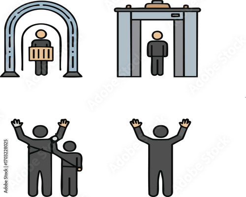 People undergo security checks at airport, passing through metal detectors and body scanners for safety and compliance in a modern travel setting.