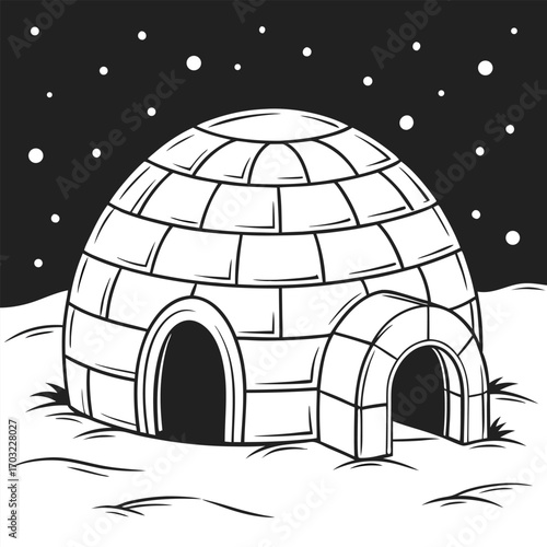 Igloo structure made of snow blocks in a winter landscape.