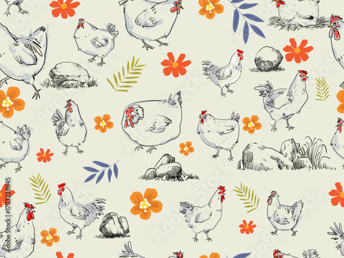 Seamless pattern with line art hand drawn chicken, hens, rooster vector illustration background. Engraving poultry farm animal design for art print, paper, wall, textile and fabric.