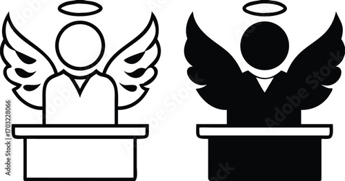 Innocence Icons. Black And White Vector Illustrations. Man With Wings And Halo Over His Head. Not Involved In Crime, Misdemeanor, Or Other Evil Deed. Justice Concept

