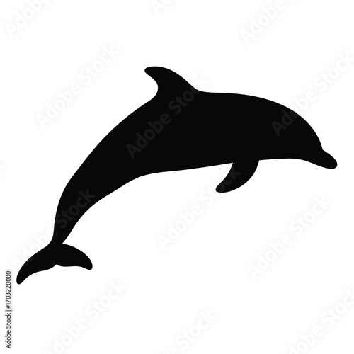 Black silhouette of a dolphin leaping, isolated on a white background design