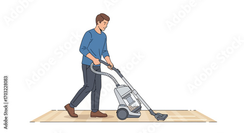 Man diligently vacuuming a rug with an upright cleaner.