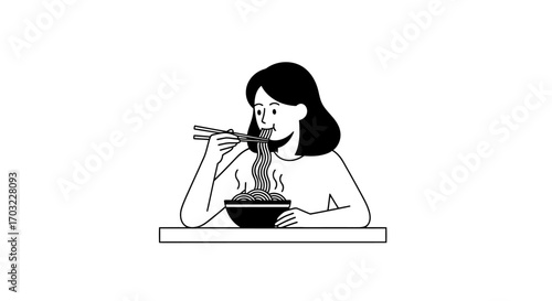 Woman enjoys eating noodles with chopsticks from a bowl.