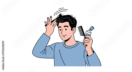 Man styling his hair with comb and hairspray.