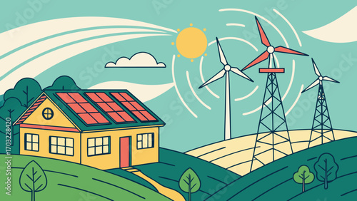 Sustainable Home with Solar Panels and Wind Turbines.