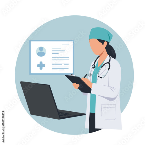 Female doctor in a white coat writing on a clipboard with a laptop and medical chart in the background.