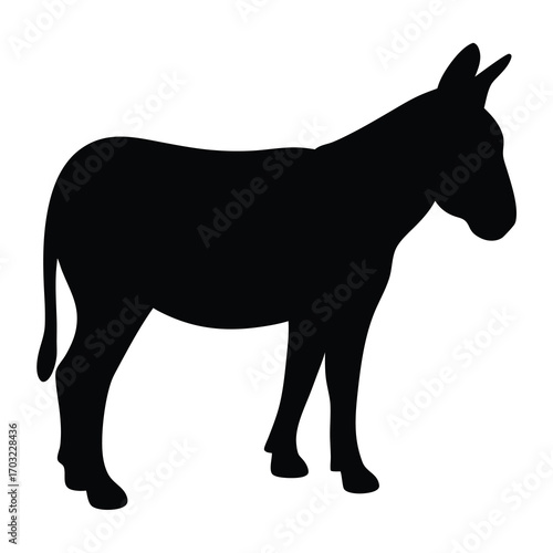 Black silhouette of a donkey standing isolated on a white background
