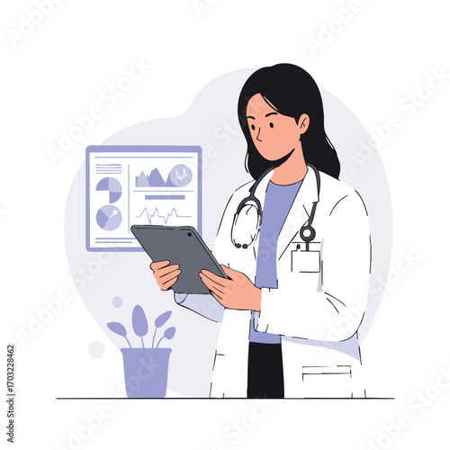 A female doctor in a white coat with a stethoscope around her neck, looking at a tablet in a modern medical office.