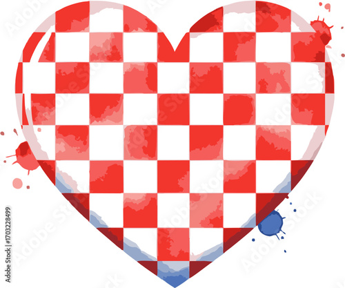 A vibrant heart symbol adorned with a distinctive red and white checkerboard pattern, evoking national pride and love for a cherished heritage, surrounded by artistic watercolor splatters