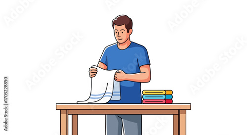 Man folding clothes on a wooden table, laundry concept.
