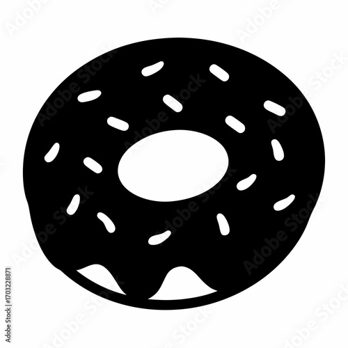 Stylized single black and white drawing of a donut with sprinkles