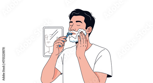 Man Shaving Face in Bathroom Mirror.