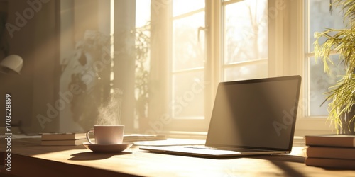 Wallpaper Mural Virtual meetings concept shows Cozy workspace with a laptop, steaming cup, and sunlight streaming through the windows. Torontodigital.ca