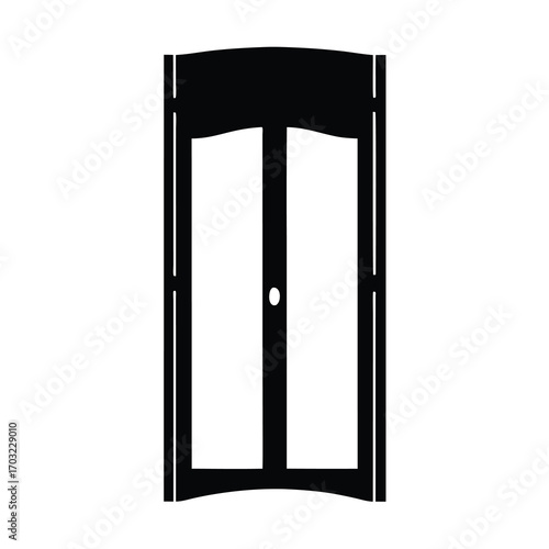 Symmetrical double door silhouette with subtle curves and inset panels and a knob