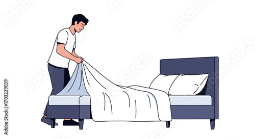 Man Making Bed, Simple Illustration.