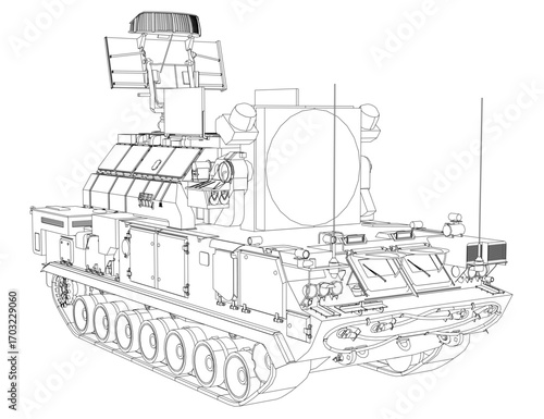 A detailed black and white military anti-aircraft missile system sketch with intricate lines and realistic shading on a clean white background.