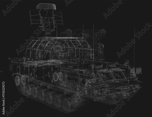 Military anti-aircraft missile system wireframe model on black background, showcasing realistic 3D design and tactical details.