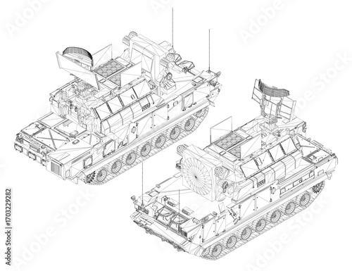Military anti-aircraft missile system blueprint with intricate lines and curves on a white background.