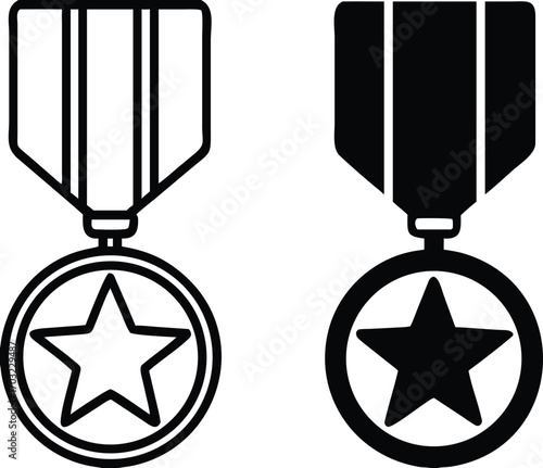 Honor Icons. Black and White Vector Illustration. Medal with Star. Honesty, Loyalty, Justice, Nobility. Reward Concept

