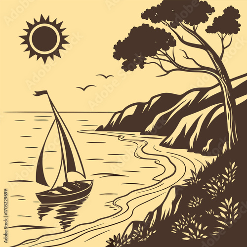 A sailboat glides on the water near a rocky coastline under a bright sun.