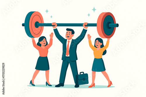 Strong business team lifting weight together, a metaphor for teamwork, success and company growth
