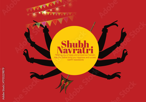 Navratri Festival Greeting Poster With Durga Arms, Couple Playing Garba and Dandiya in Navratri Celebration