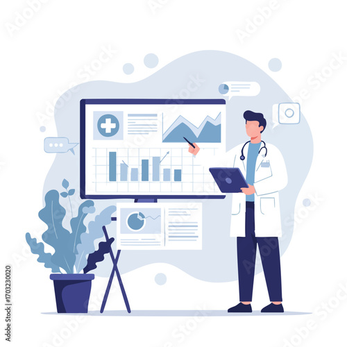 A male doctor in a white coat presenting medical data analysis on a large digital screen with charts and graphs.