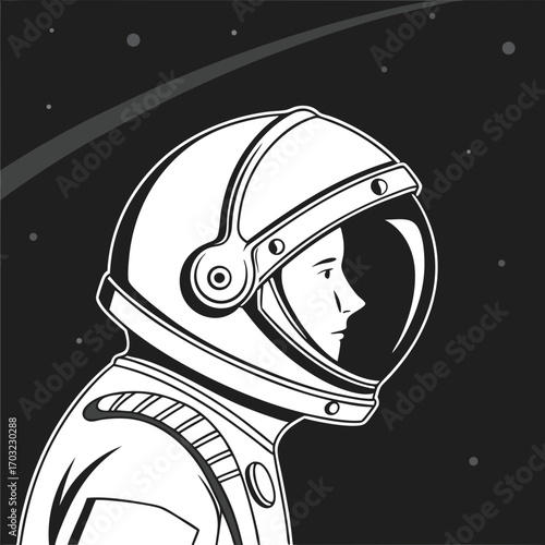 Astronaut in space helmet looking to the side.