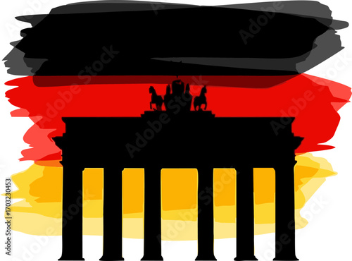 Artistic illustration of the Brandenburg Gate silhouette set against a painted German flag, symbolizing national pride and European heritage