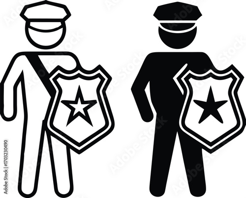 Authority Icons. Black and White Vector Illustrations. Policeman, Officer. Ability To Influence People's Behavior. Justice Concept

