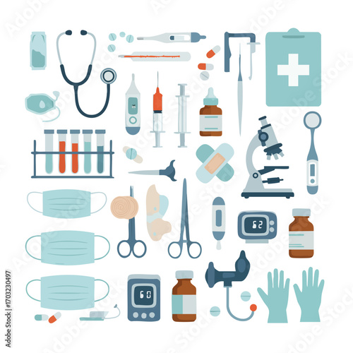 A comprehensive flat lay illustration of various medical and healthcare tools, equipment, and supplies on a white background.